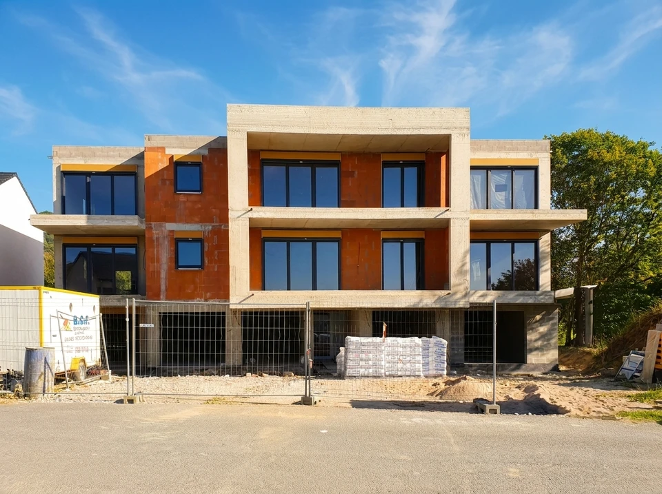 Une façade de maison moderne, grande maison individuelle familiale avec allée pavée intéressante
