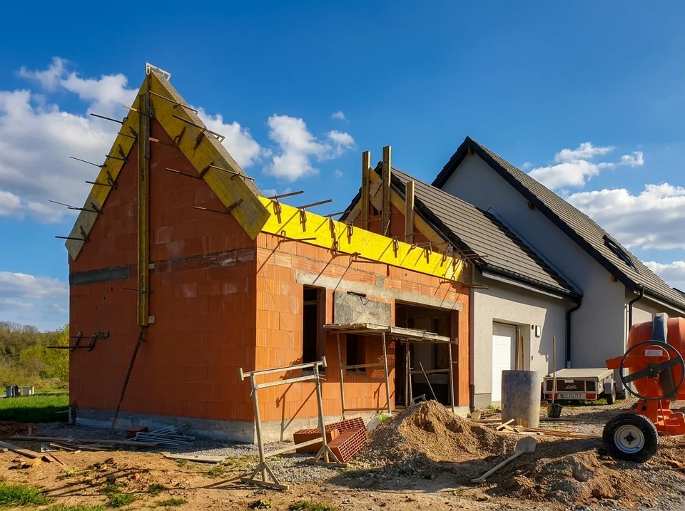 Chantier de construction résidentielle avec ouvriers sur toiture plate
