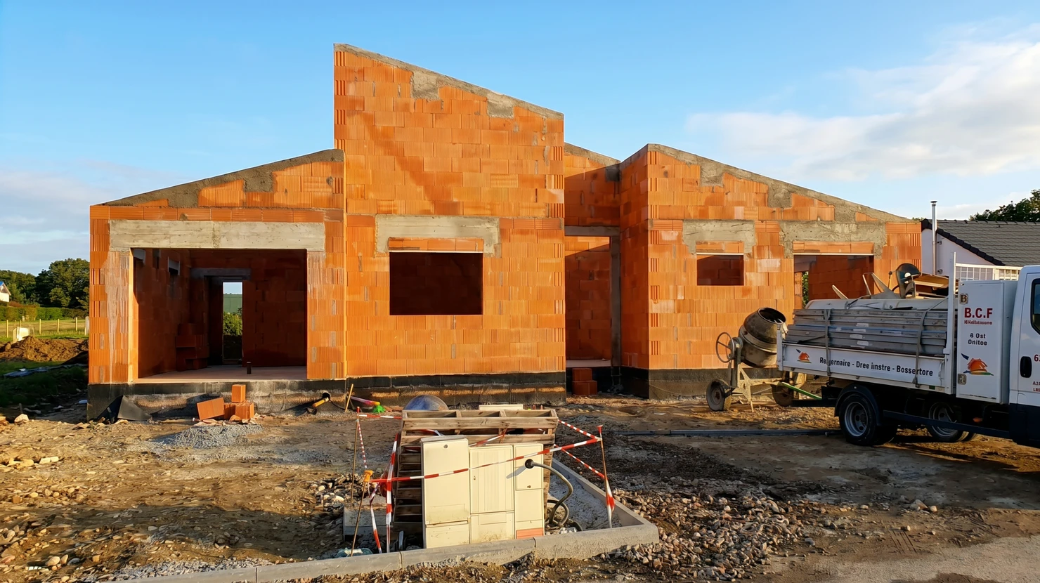 Maison individuelle contemporaine avec façade crépie beige, toiture en tuiles mécaniques grises, cheminées maçonnées
