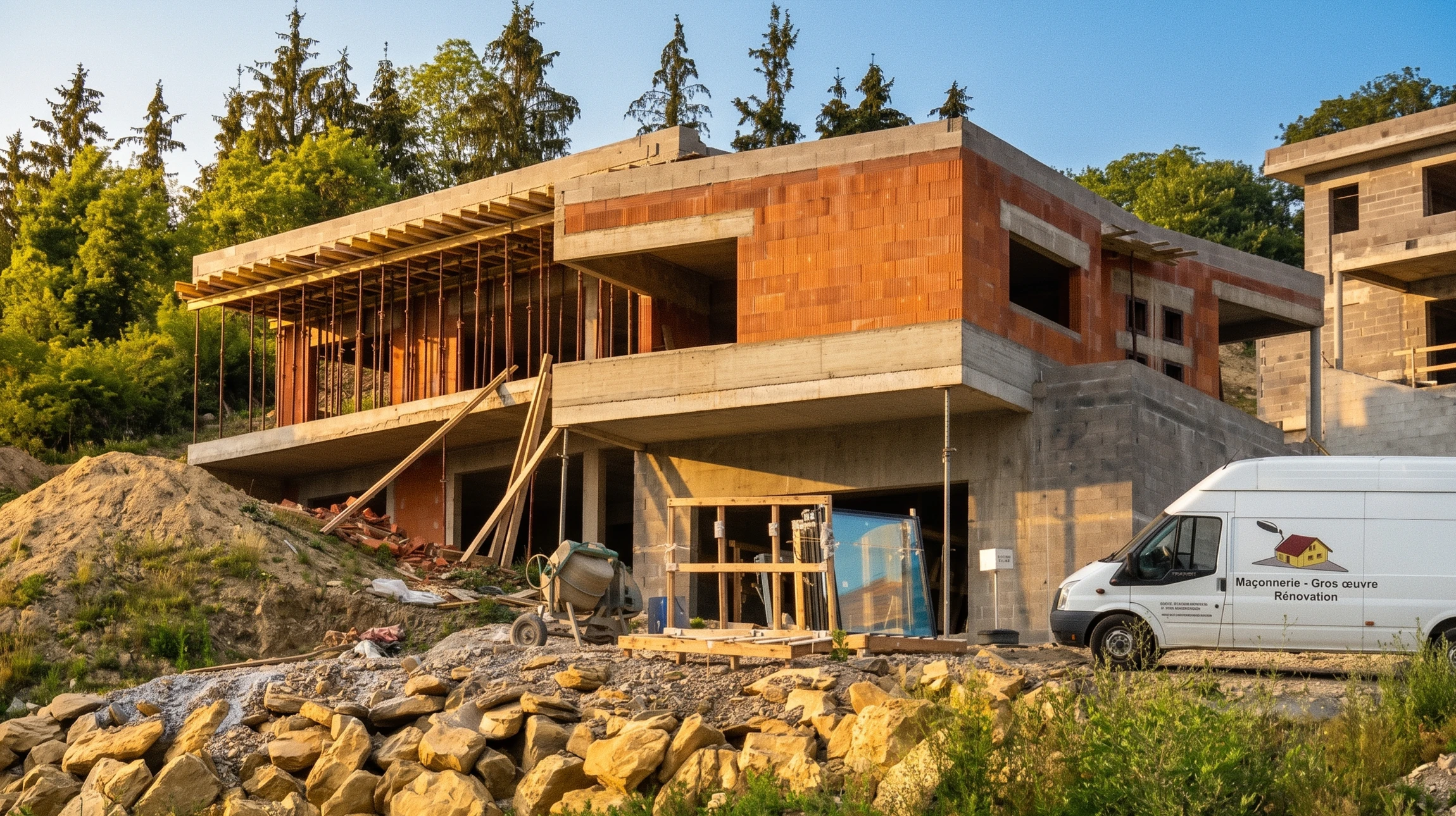 Chantier de construction résidentielle en extérieur montrant une maison en cours d'édification