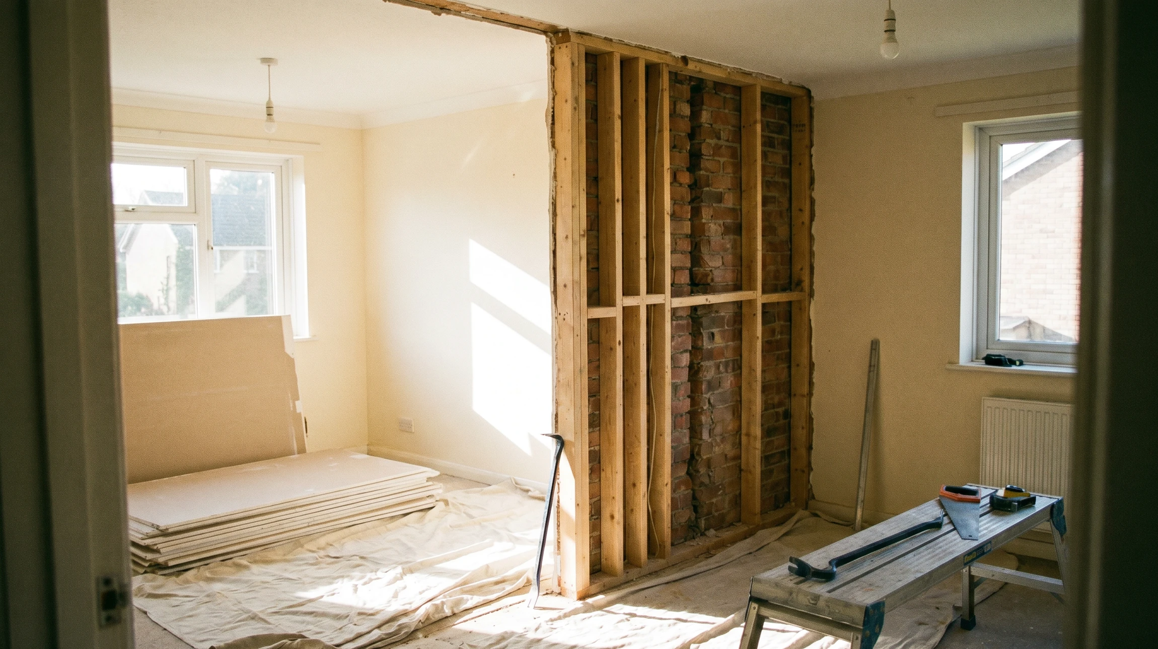 Chantier de rénovation intérieur, ouvrier équipé d'un casque rouge, lunettes de protection, masque respiratoire et casque antibruit utilisant un marteau-piqueur pneumatique pour démolir un mur en briques